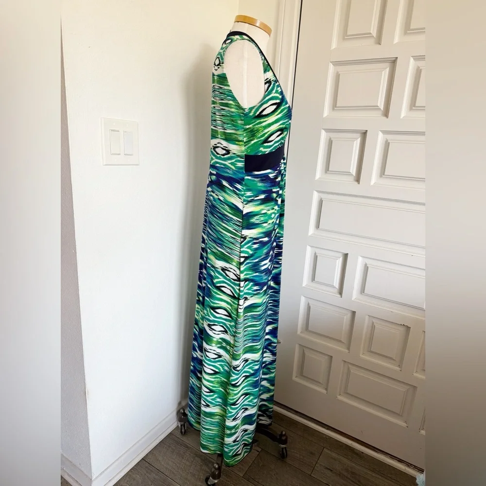 Enfocus Studio Maxi Dress Vibrant Green Blue White V-Neck Sleeveless Size 10